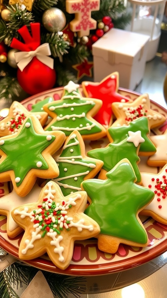 Decorated Christmas cut-out cookies in star, tree, and snowflake shapes on a festive plate.